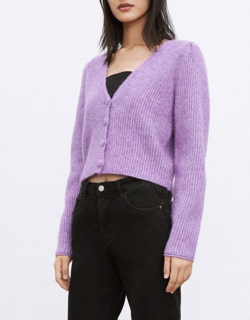 Urban Revivo V Neck Rib Knit Women's Cardigan Purple | FJPXMQL-01