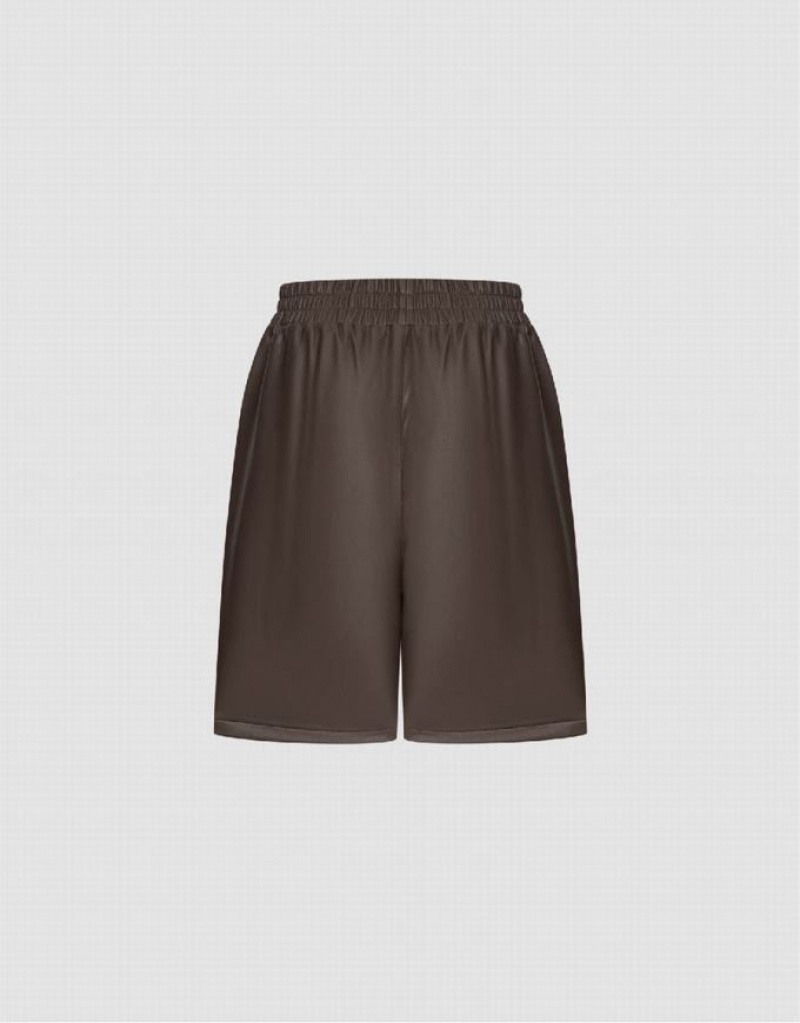 Urban Revivo Vegan Leather Elastic Waist Women's Shorts Brown | XJZQULE-29