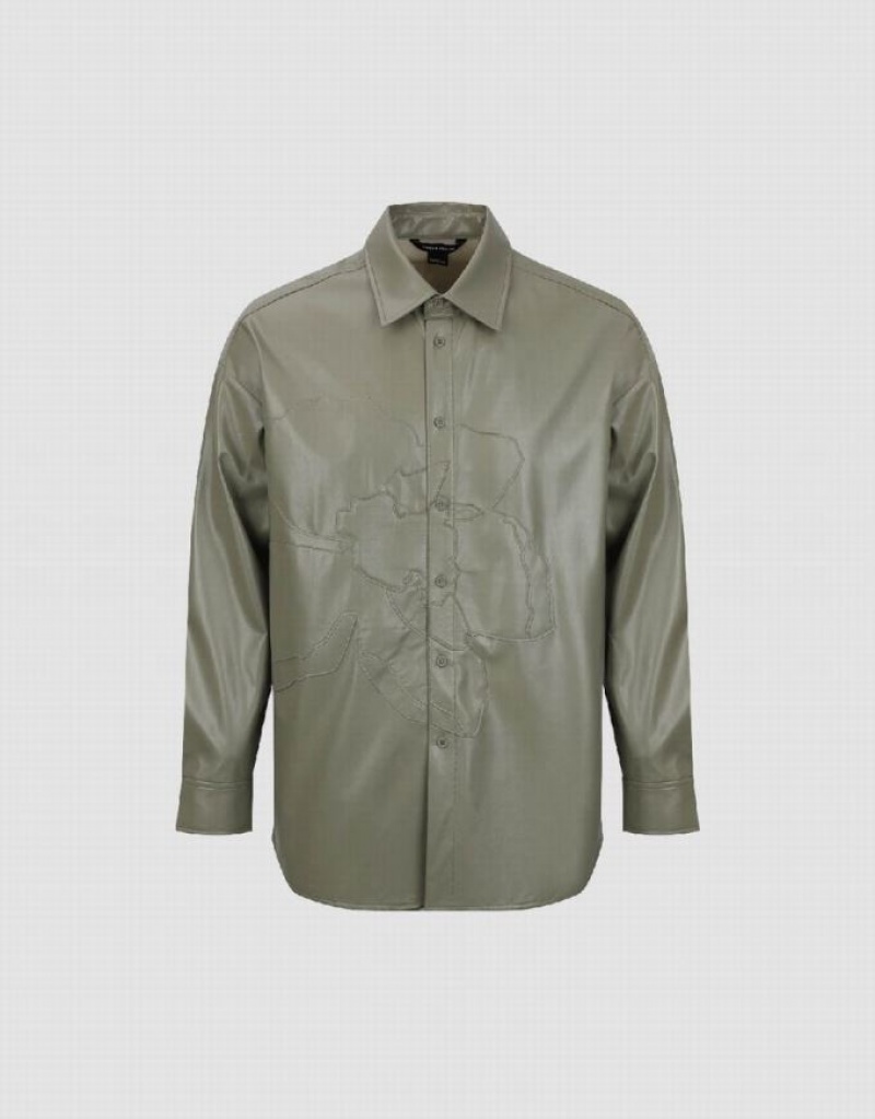 Urban Revivo Vegan Leather Loose Men's Shirts Green | ERVYLOD-62