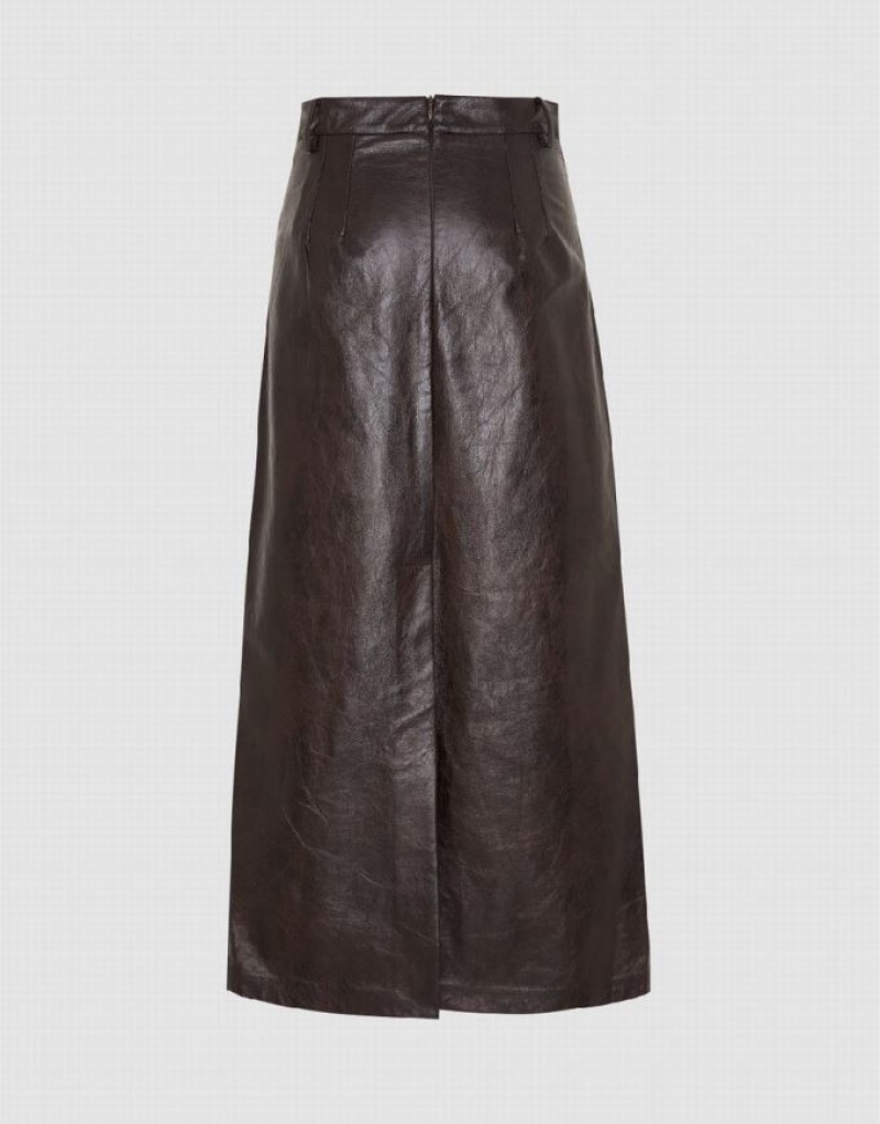 Urban Revivo Vegan Leather Maxi Straight Women's Skirts Brown | AVUMLZW-51