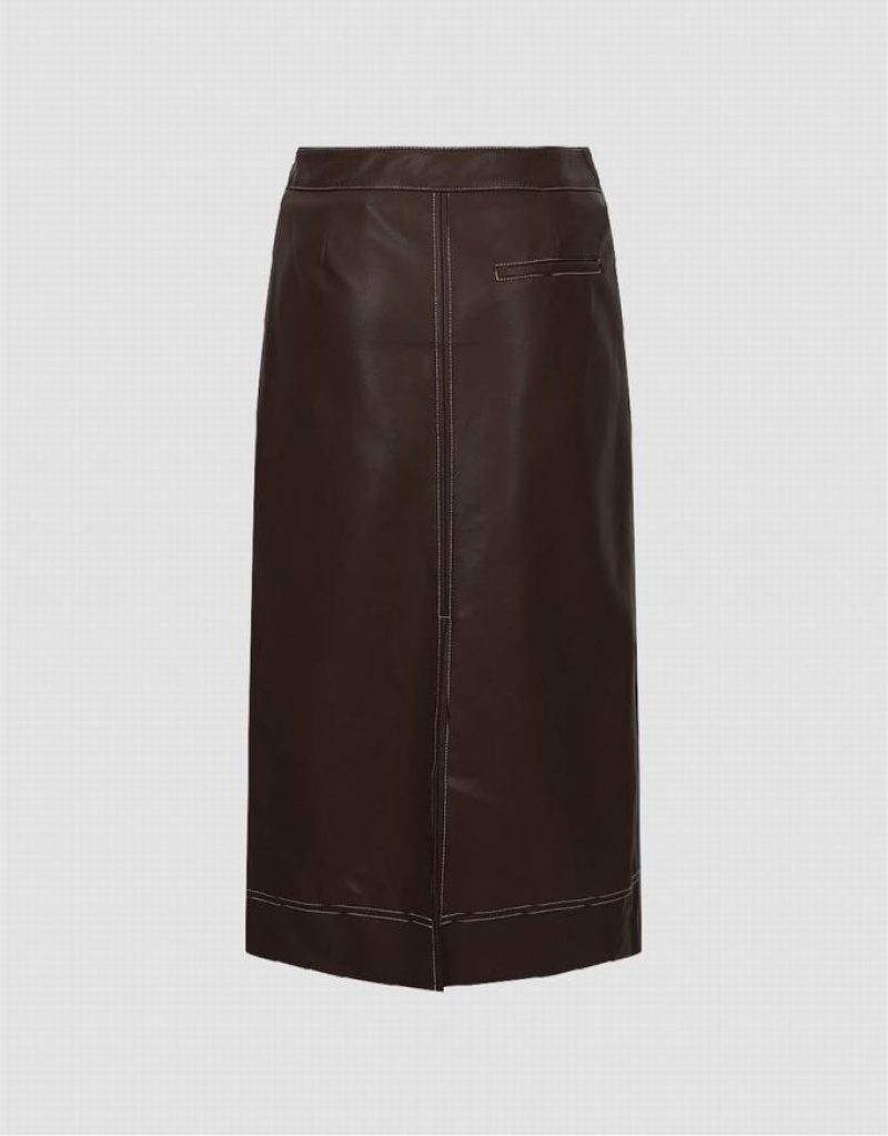 Urban Revivo Vegan Leather Midi Straight Women's Skirts Brown | YLVXPGO-03