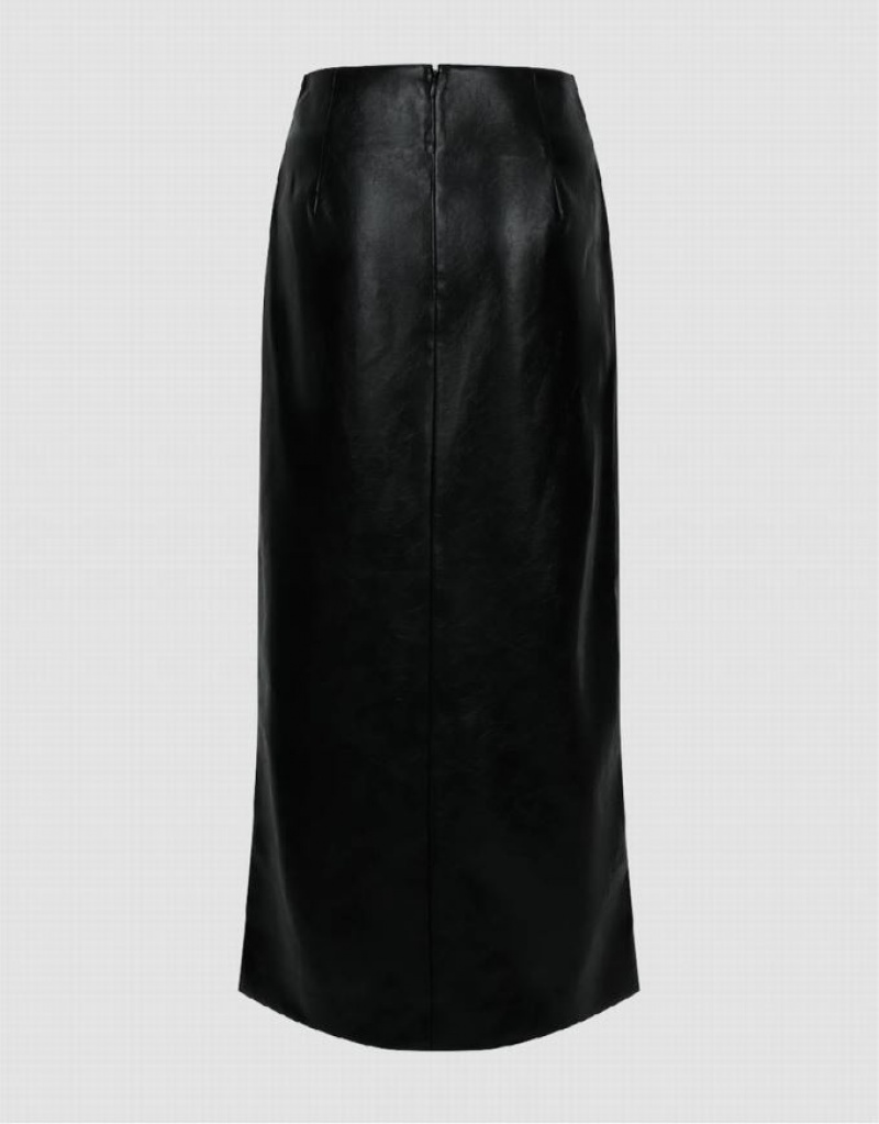 Urban Revivo Vegan Leather Midi Straight Women's Skirts Black | FDWREJQ-39