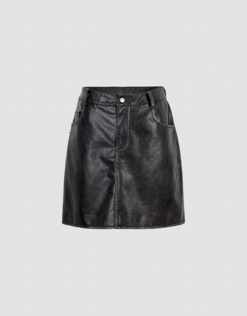 Urban Revivo Vegan Leather Mini A-Line Women\'s Skirts Black | HYQLGAV-17