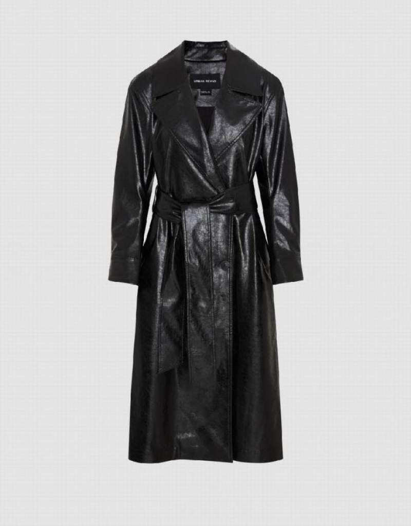 Urban Revivo Vegan Leather Straight With Belt Women's Coats Black | CTQULMD-45