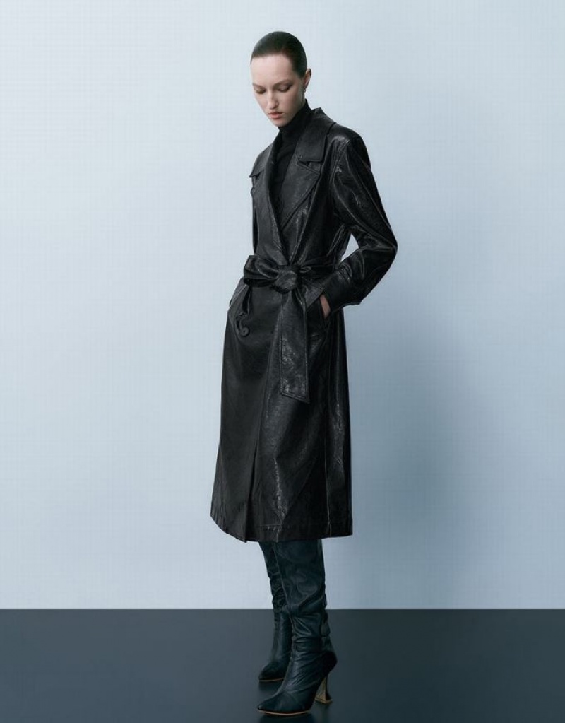 Urban Revivo Vegan Leather Straight With Belt Women's Coats Black | CTQULMD-45