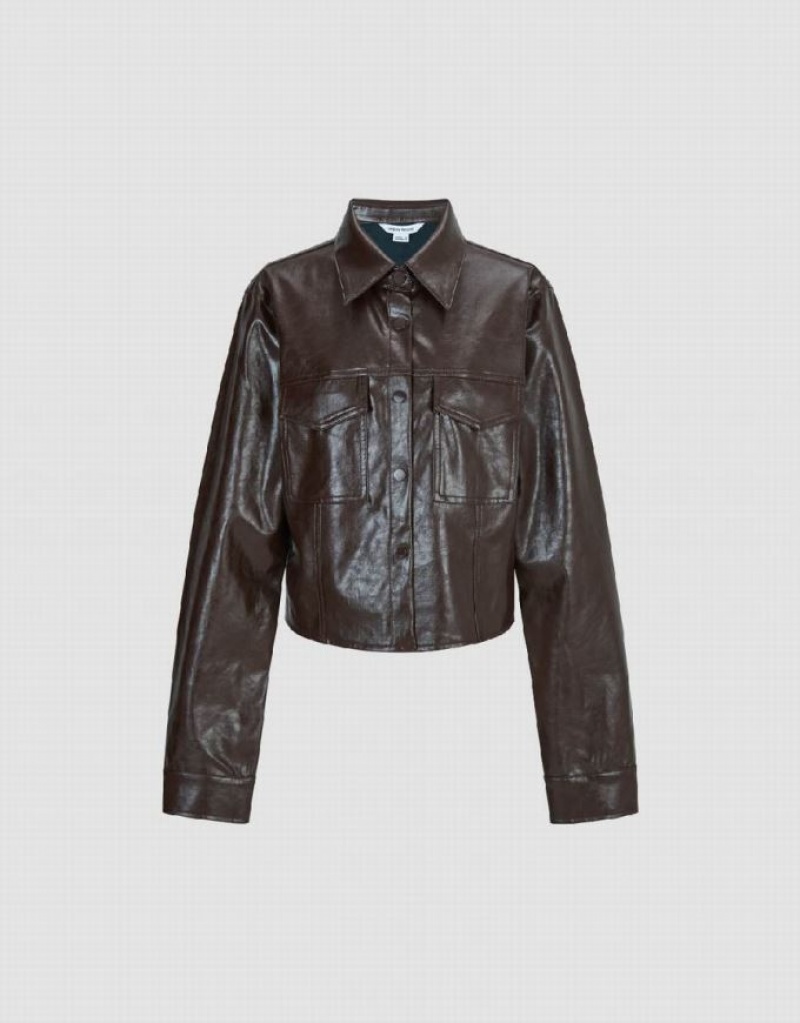 Urban Revivo Vegan Leather Straight Women's Shirts Brown | BRGDLQF-62