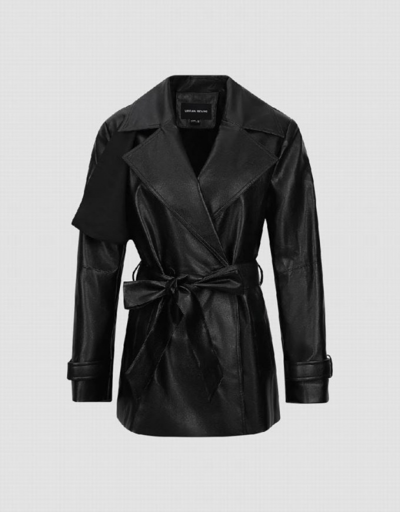 Urban Revivo Vegan Leather With Belt Women's Trench Coat Black | YOHSTWA-17