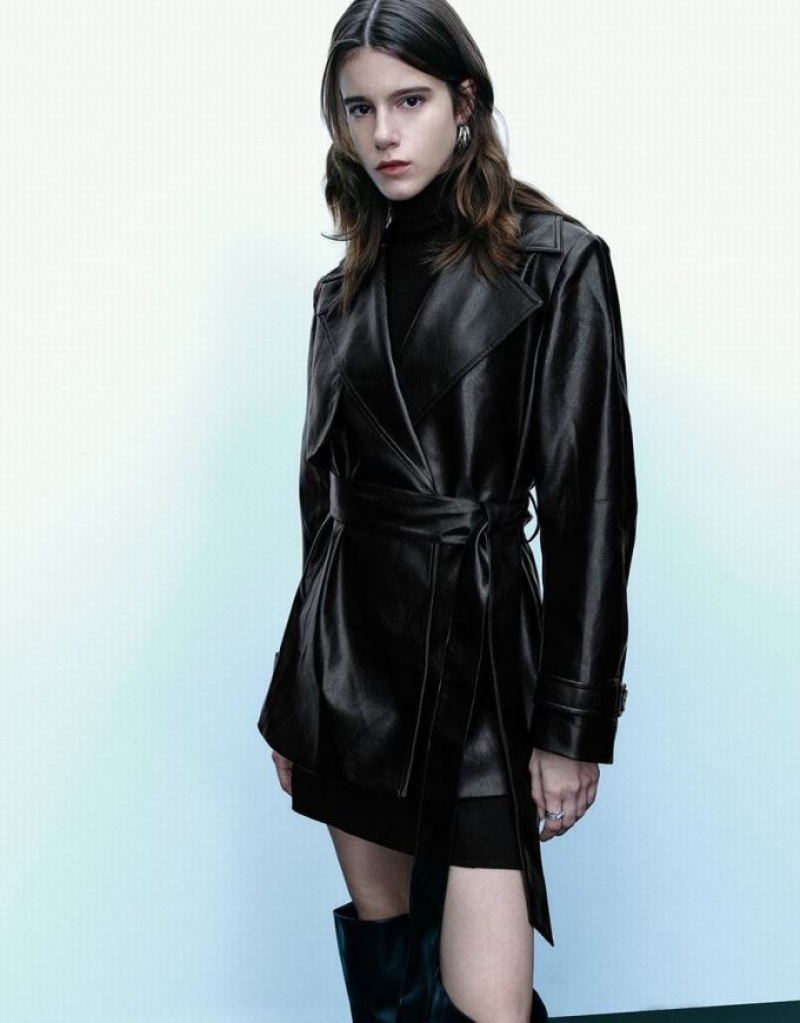 Urban Revivo Vegan Leather With Belt Women's Trench Coat Black | YOHSTWA-17