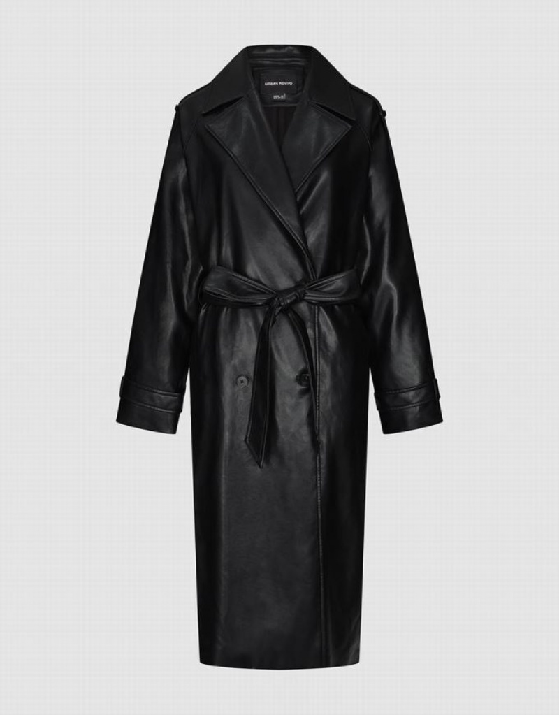 Urban Revivo Vegan Leather With Belt Women's Trench Coat Black | ICBJVKM-90