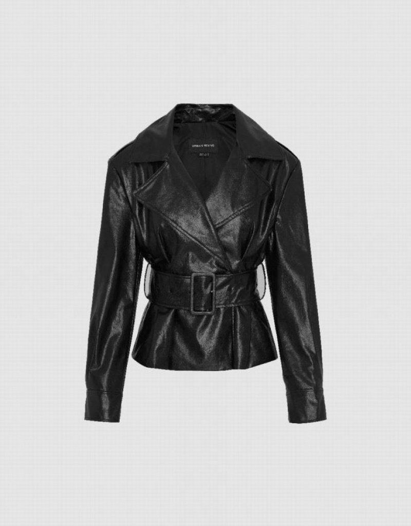 Urban Revivo Vegan With Belt Women's Leather Jackets Black | RIFBVAQ-53