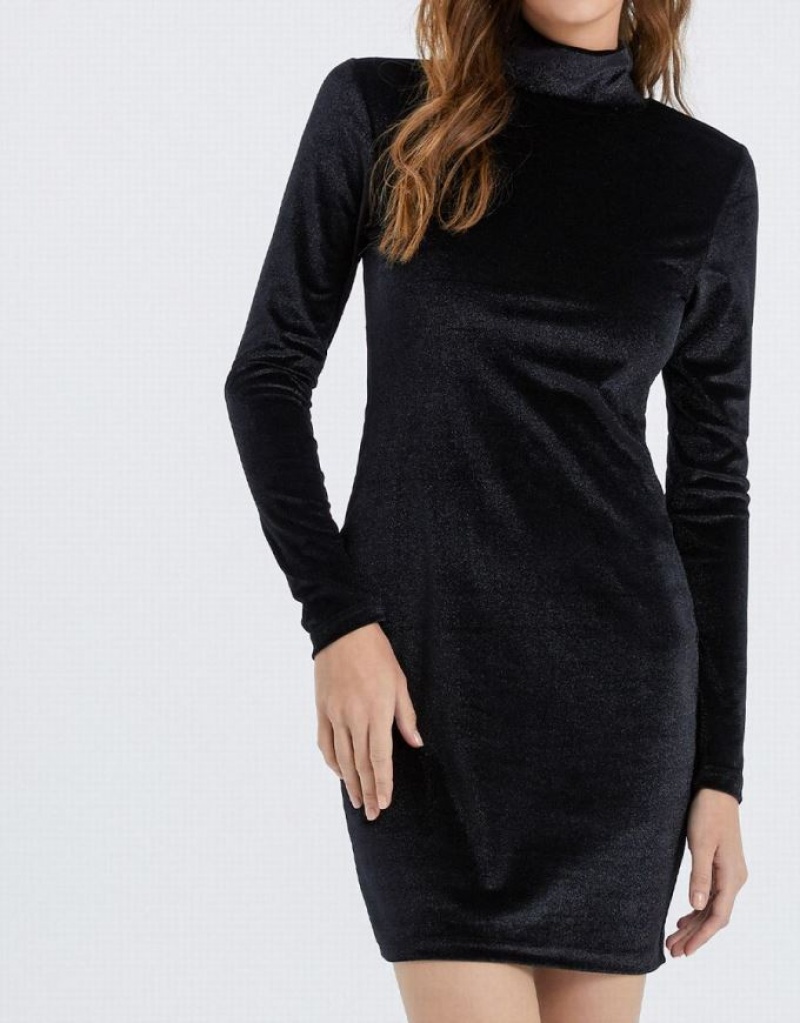 Urban Revivo Velvet Turtle Neck Bodycon Women's Casual Dress Black | ZCHOUNP-46