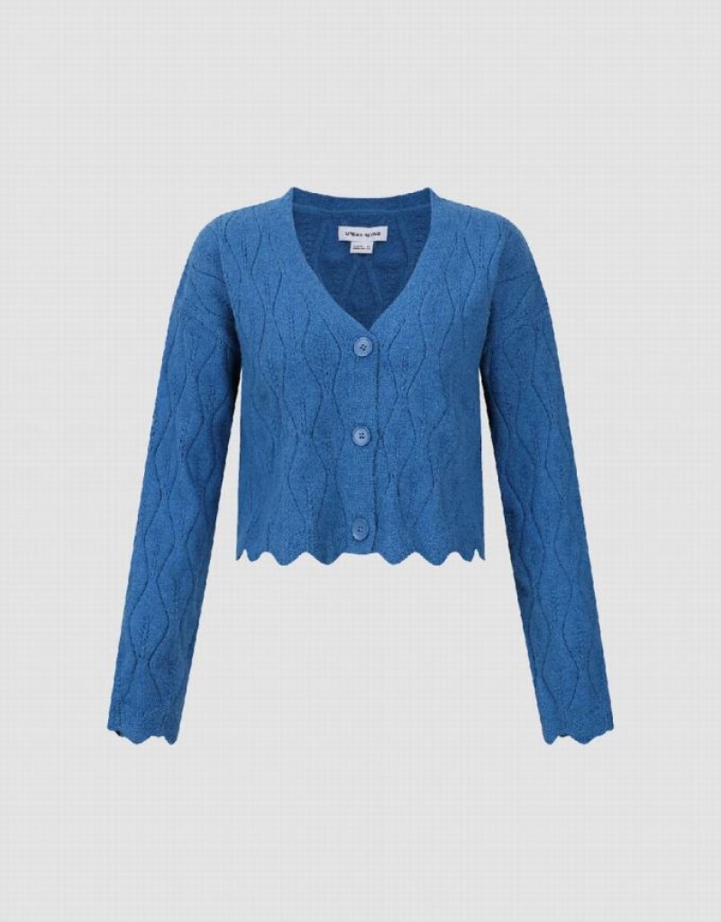 Urban Revivo Wave Trim V-Neck Knitted Women's Cardigan Blue | WSIPQOV-38