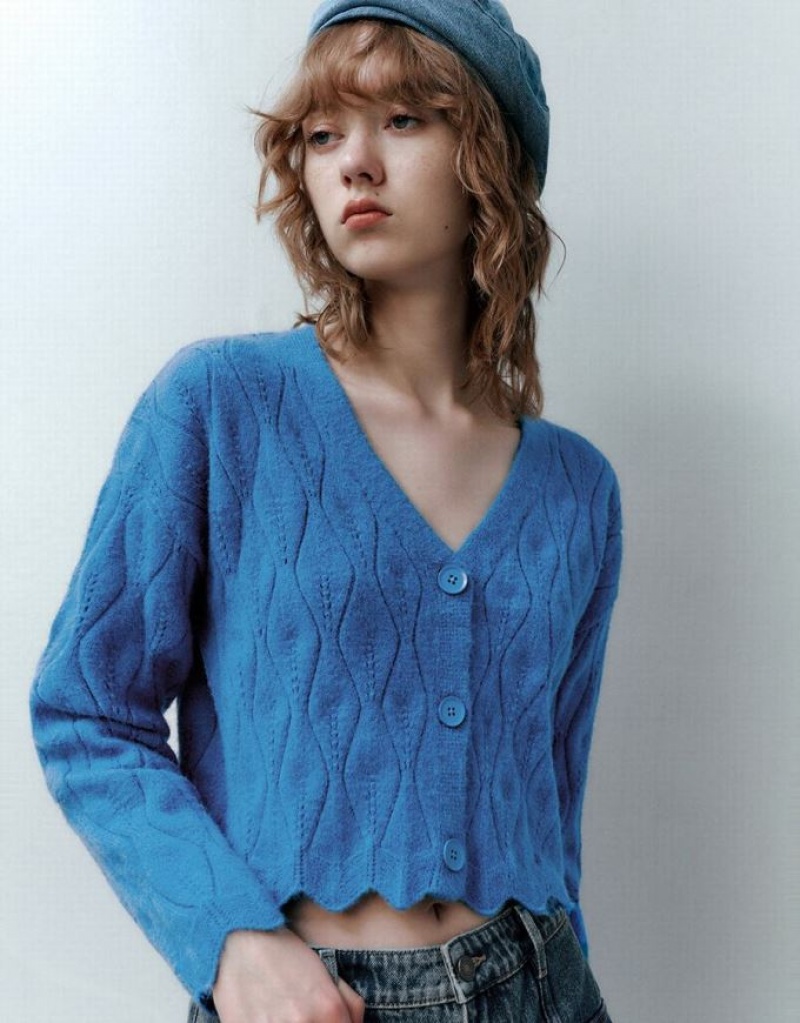 Urban Revivo Wave Trim V-Neck Knitted Women's Cardigan Blue | WSIPQOV-38