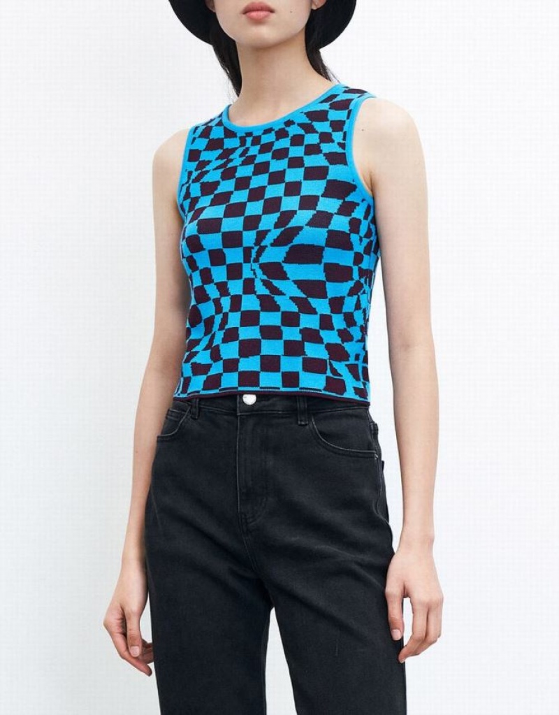 Urban Revivo Wavy Checkered Knitted Women's Tank Top Blue | LHAGDXI-61