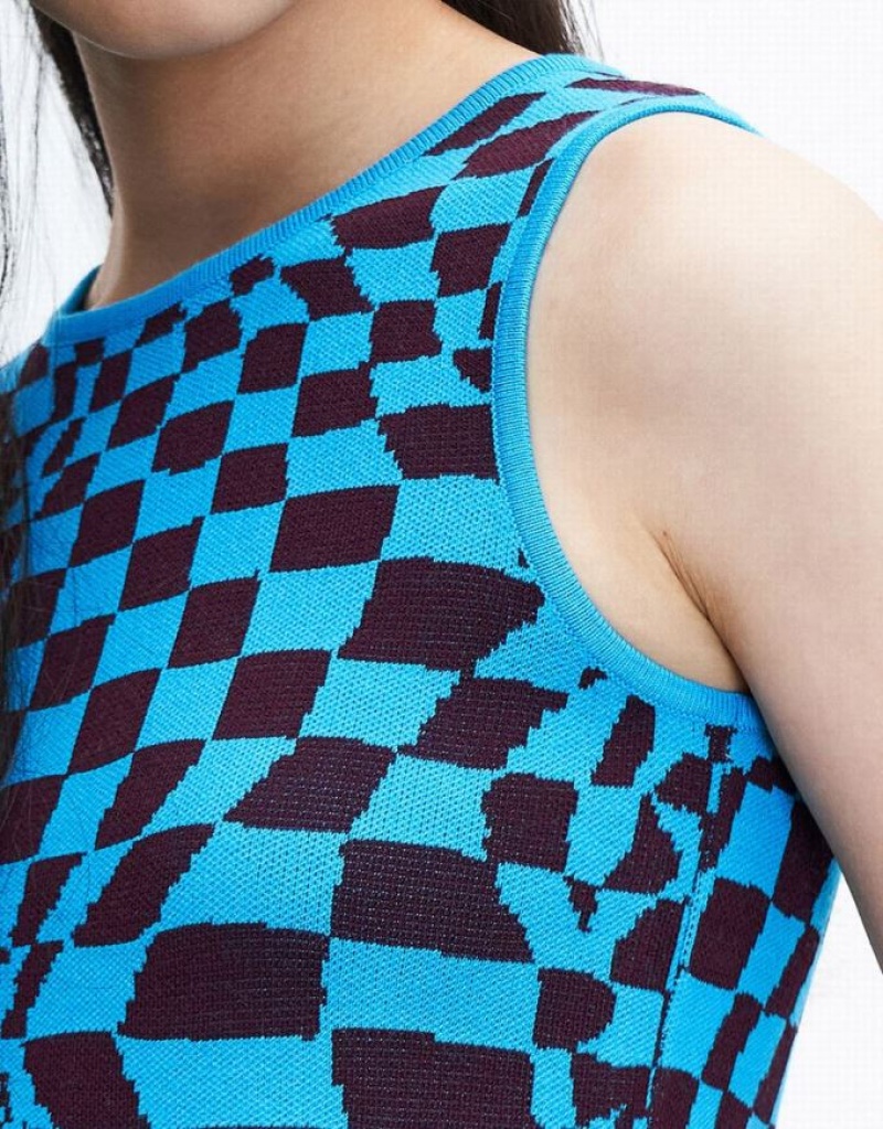 Urban Revivo Wavy Checkered Knitted Women's Tank Top Blue | LHAGDXI-61