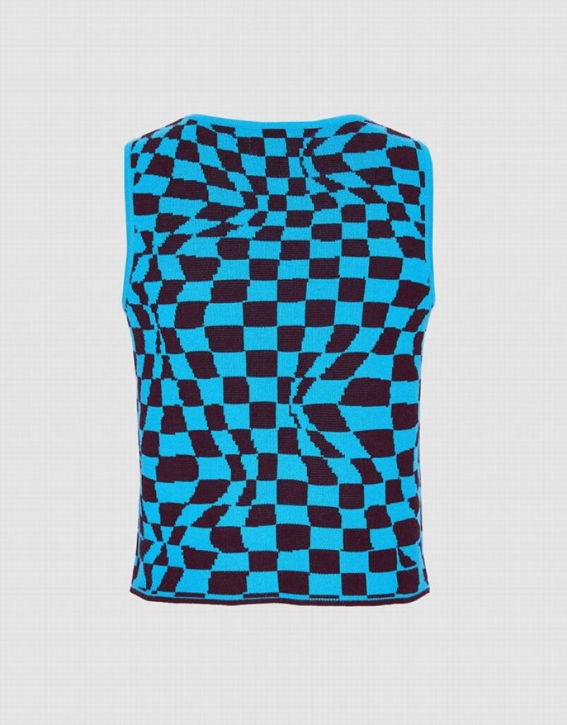 Urban Revivo Wavy Checkered Knitted Women's Tank Top Blue | LHAGDXI-61