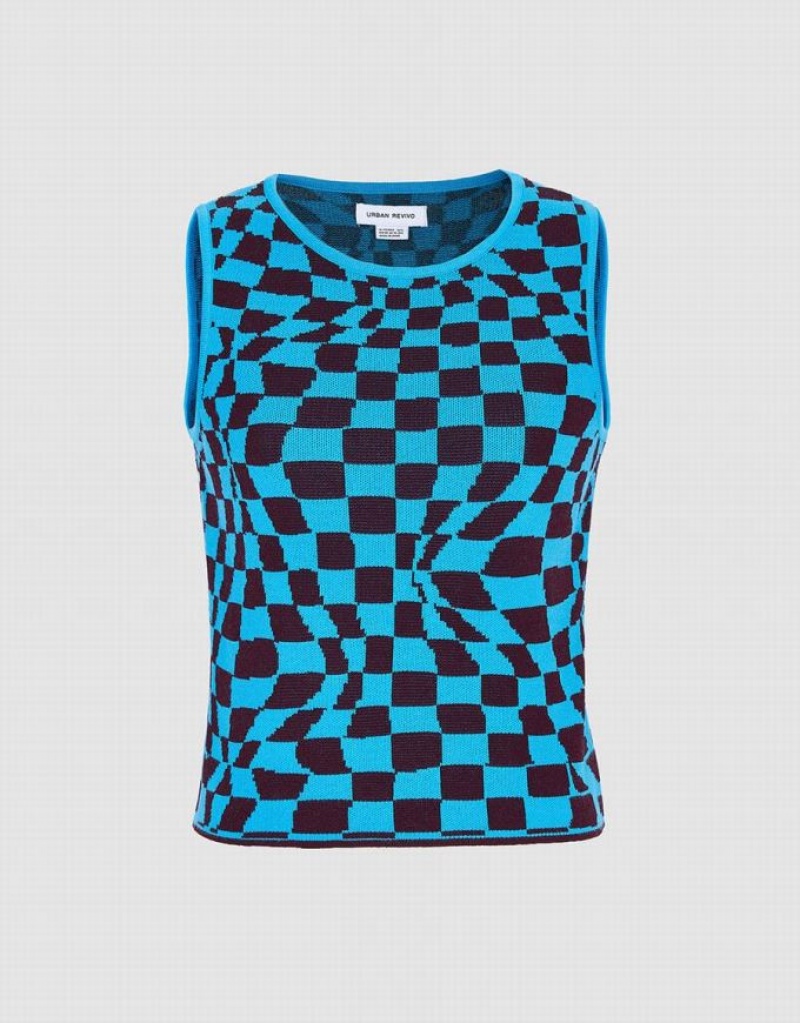 Urban Revivo Wavy Checkered Knitted Women\'s Tank Top Blue | LHAGDXI-61