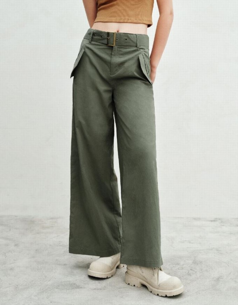 Urban Revivo Wide-Leg With Belt Women's Pants Green | IDSBZKN-68