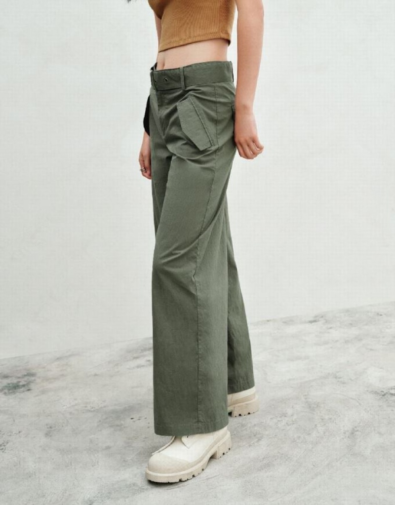 Urban Revivo Wide-Leg With Belt Women's Pants Green | IDSBZKN-68