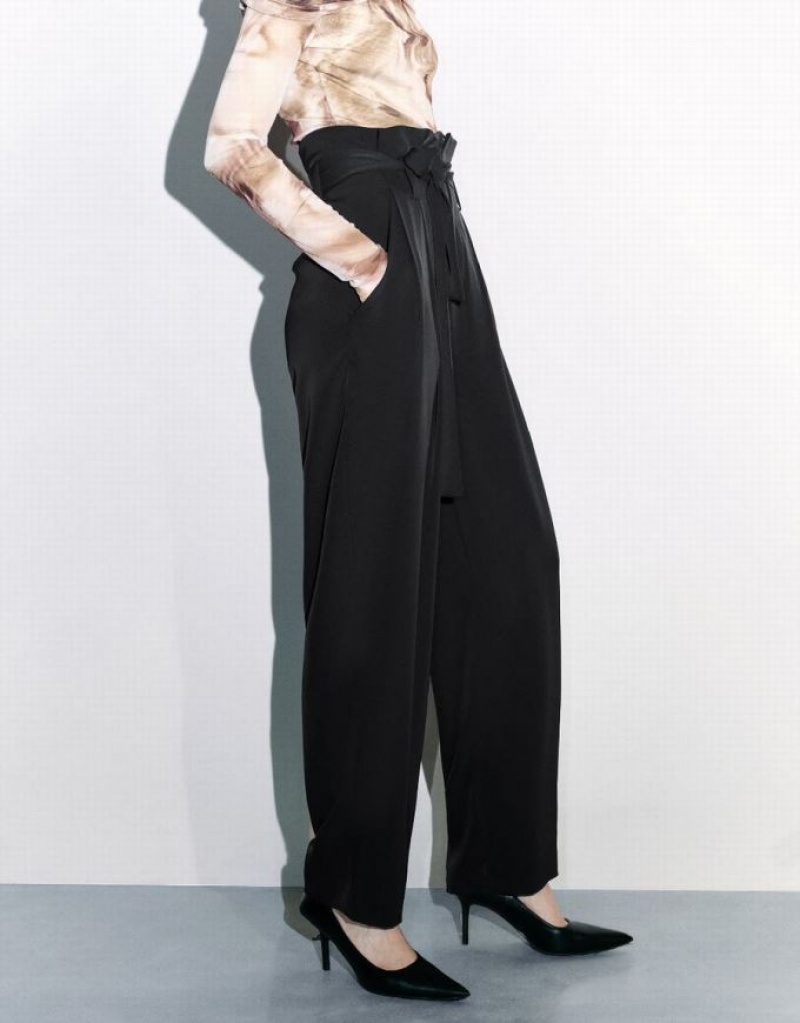 Urban Revivo Wide-Leg With Belt Women's Pants Black | XHQKIMF-24