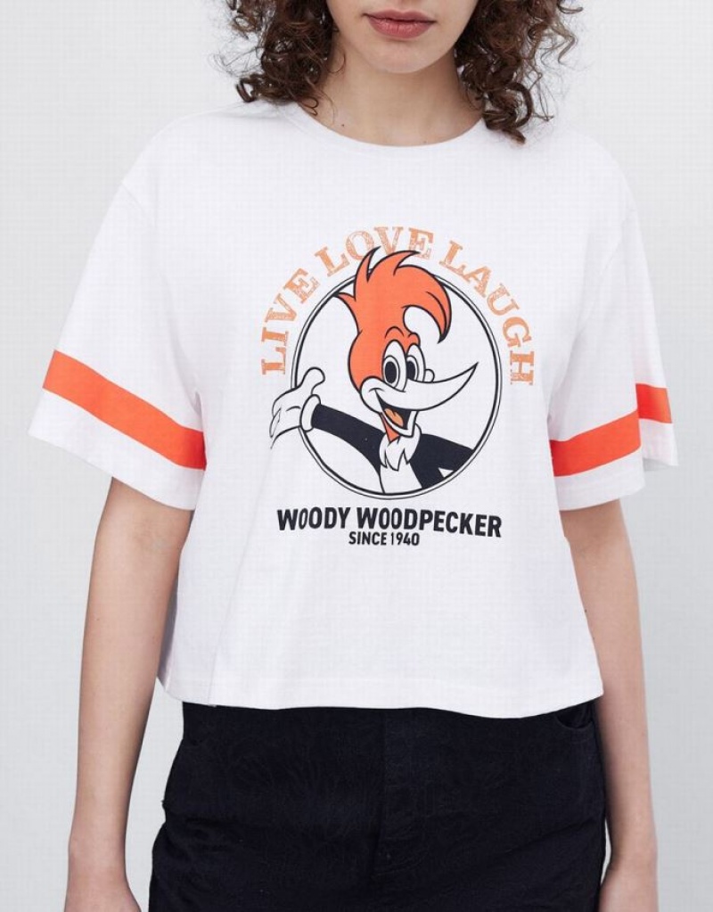 Urban Revivo Woody Woodpecker Crop Women's T-Shirts White | AXBMRIQ-85