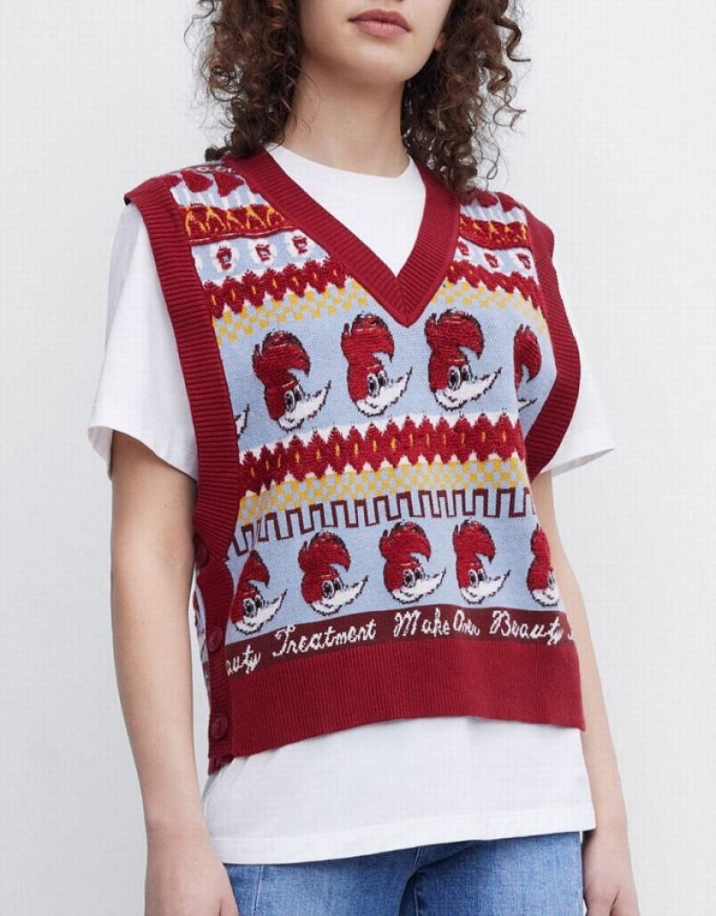 Urban Revivo Woody Woodpecker Women's Sweater Vest Red | PXECFZS-80