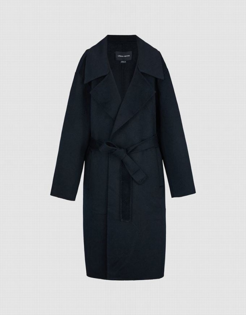 Urban Revivo Woolen Long With Belt Women's Coats Black | YVTDHKI-78