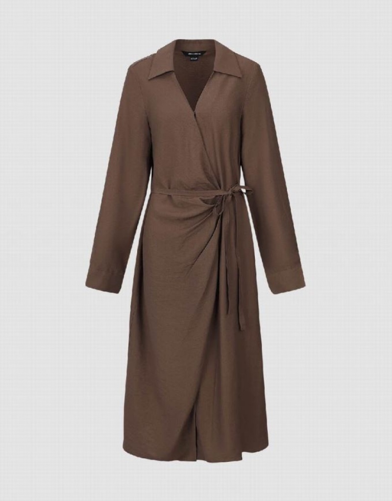 Urban Revivo Wrap A-Line Women's Dress Brown | IUZFOLR-49