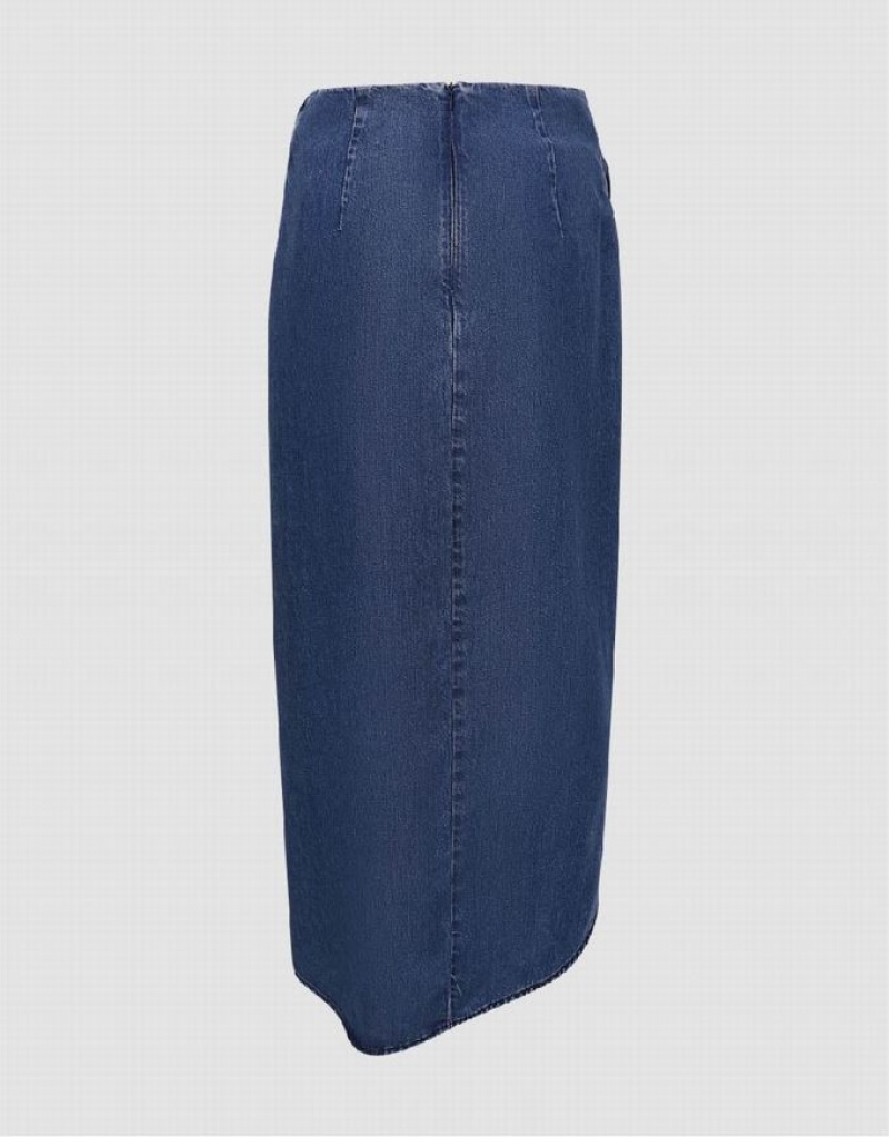 Urban Revivo Wrapped Straight Midi Women's Denim Skirt Blue | AYORWQK-45