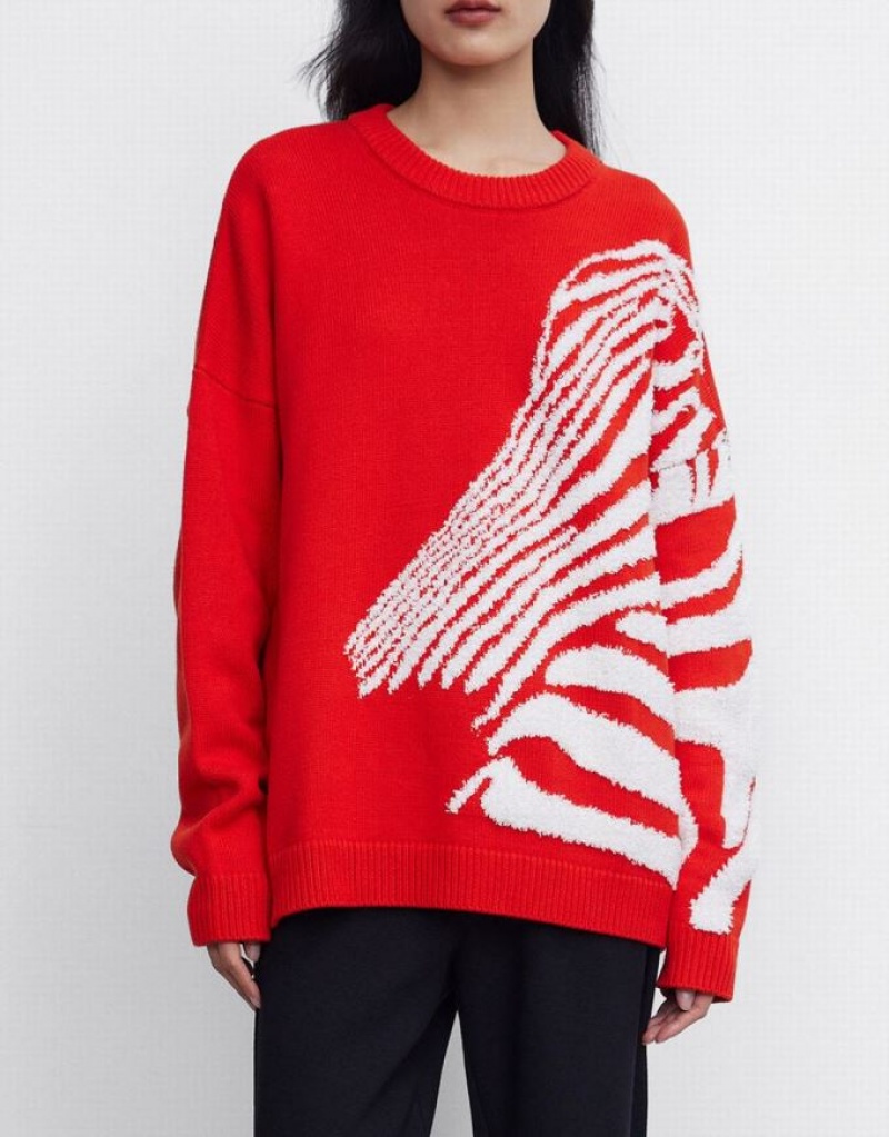 Urban Revivo Zebra Striped Crew Neck Women's Sweaters Red | QOJPZME-01