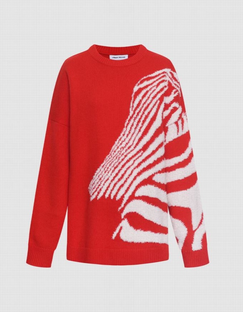 Urban Revivo Zebra Striped Crew Neck Women\'s Sweaters Red | QOJPZME-01