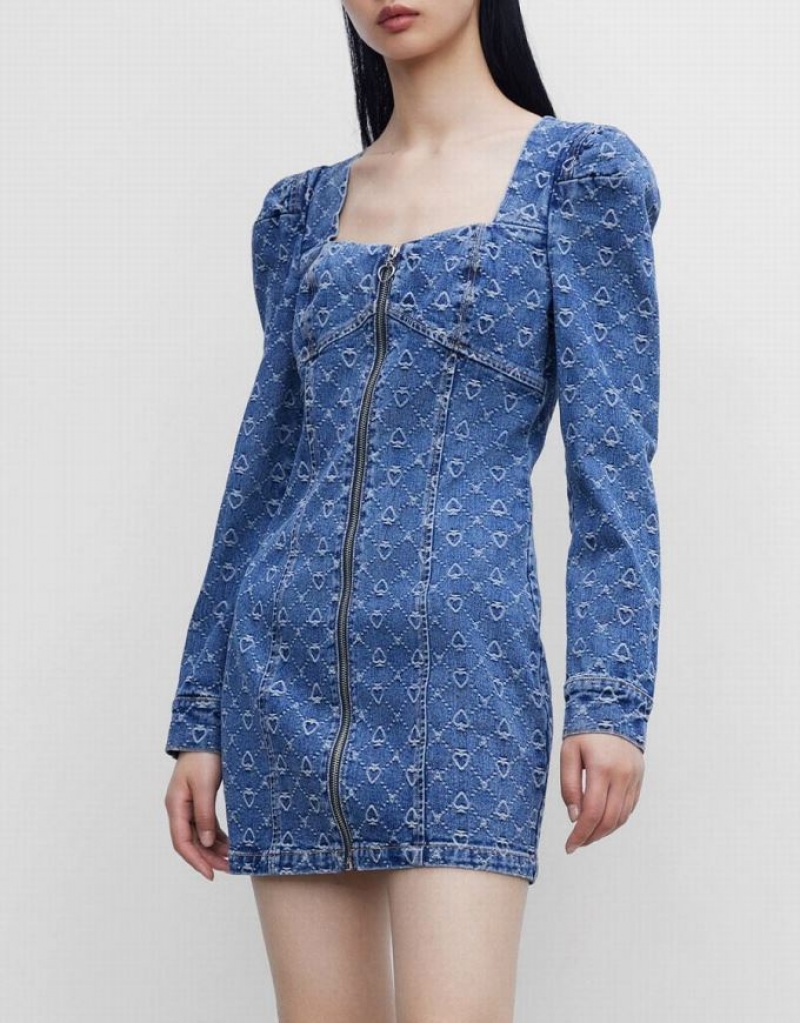 Urban Revivo Zip Front Puff Sleeve Women's Denim Dress Blue | GJXBQWY-86