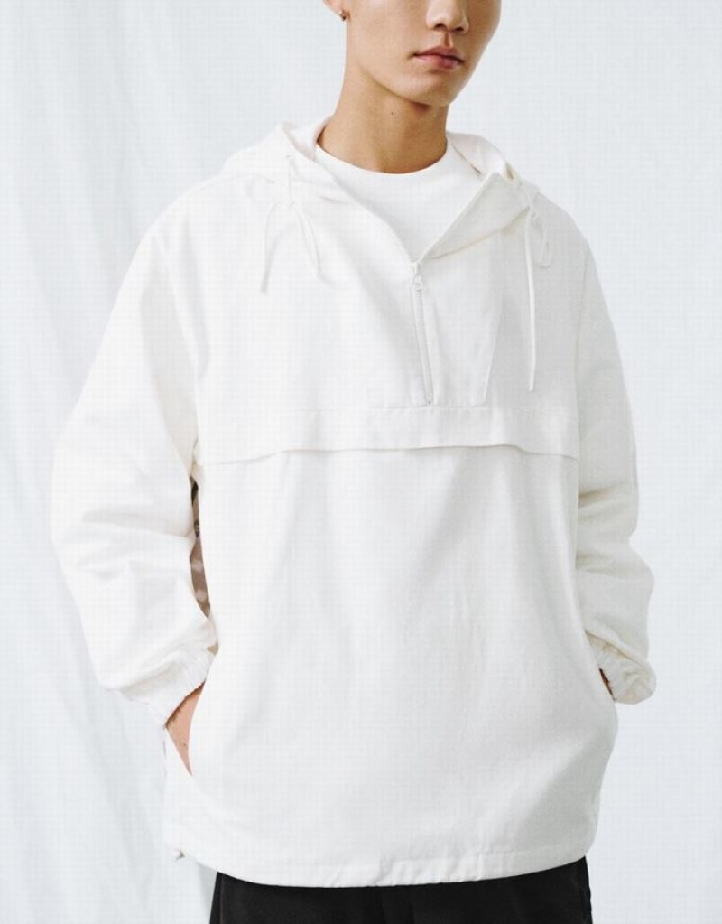 Urban Revivo Zip Half Placket Hooed Overhead Men's Blouse White | ADTYUJO-52