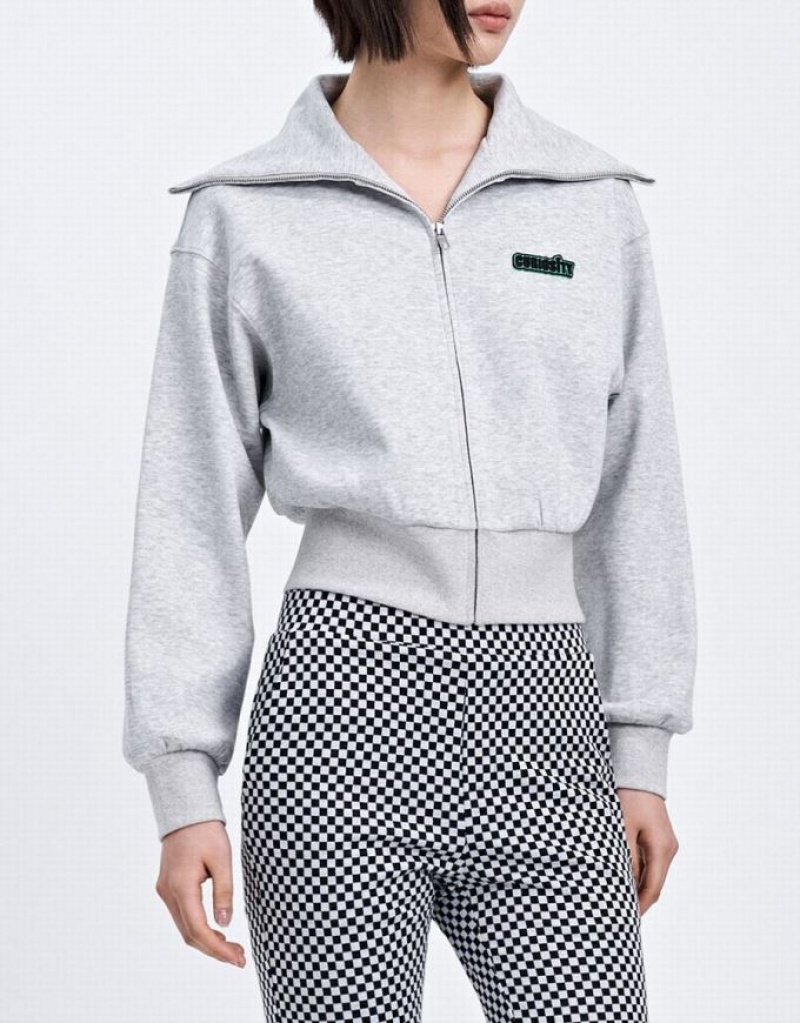 Urban Revivo Zip Up Letter Detail Women's Jacket Grey | HDLNZCG-83