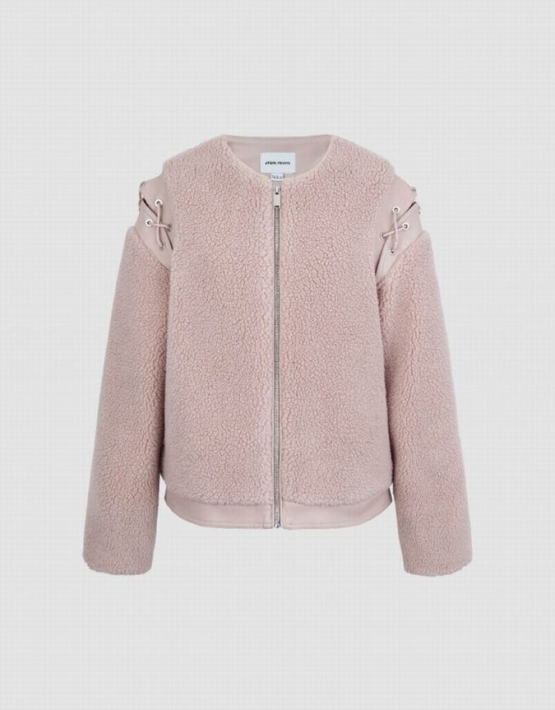 Urban Revivo Zipper Front Furry A-Line Women's Jacket Pink | UKRMJFA-21