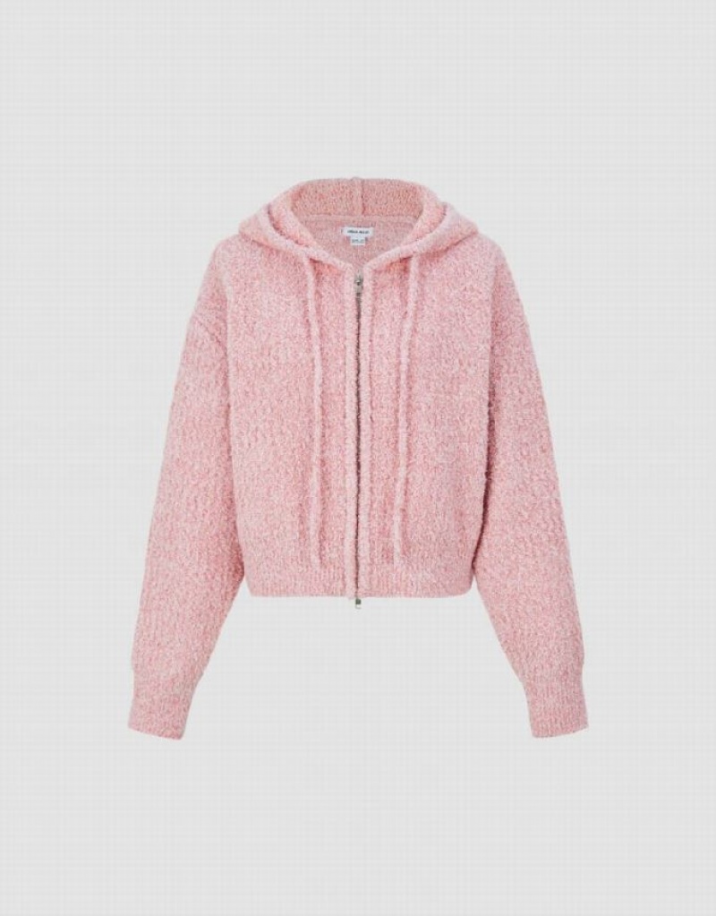 Urban Revivo Zipper Front Hooded Knitted Women's Cardigan Pink | NTZWXJM-34