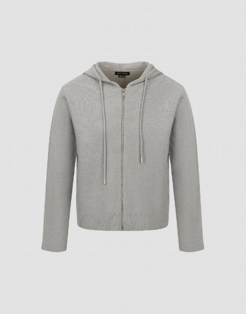 Urban Revivo Zipper Front Hooded Knitted Men's Cardigan Light Grey | QXAPKEB-95