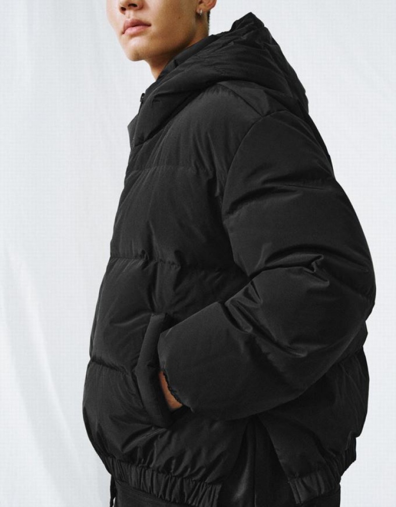 Urban Revivo Zipper Front Hooded Men's Down Jackets Black | WGAKIUF-69