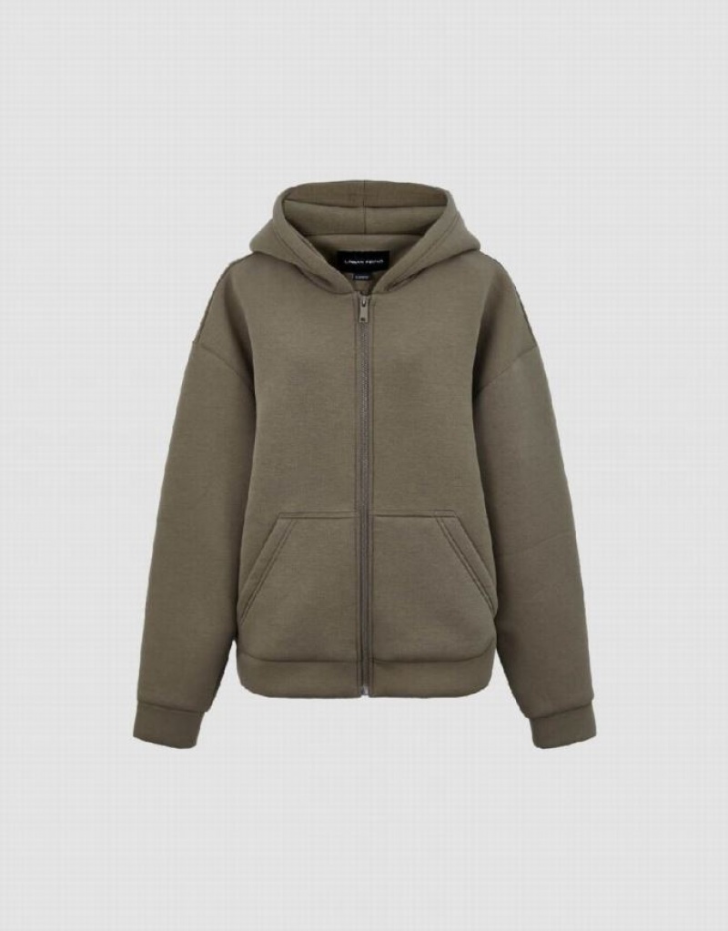 Urban Revivo Zipper Front Hooded Oversized Women's Hooded Jackets Dark Khaki | LZSTOUK-12