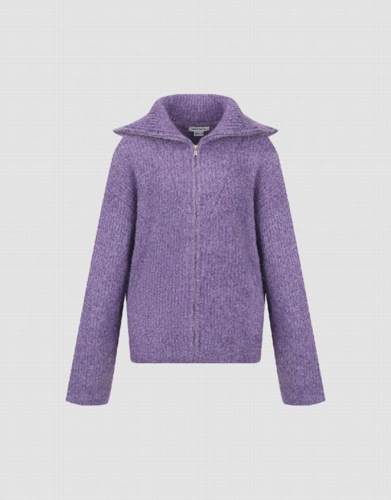 Urban Revivo Zipper Front Loose Knitted Women's Cardigan Purple | WEFBXYM-03