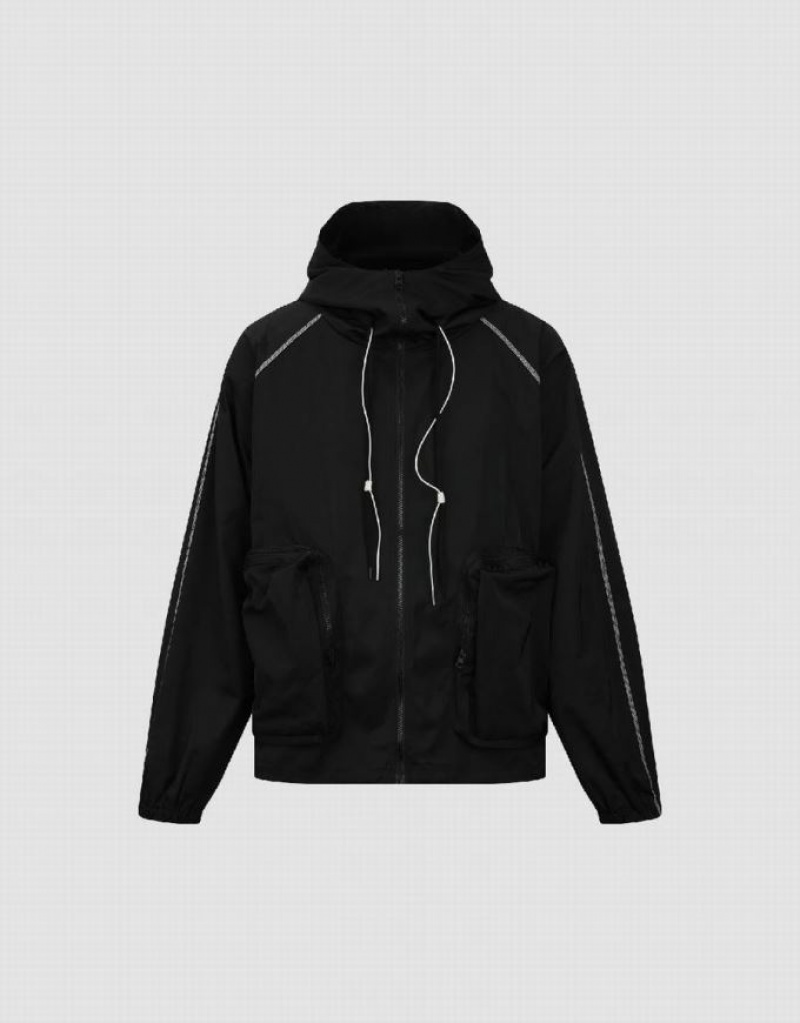 Urban Revivo Zipper Front Oversized Men's Hooded Jackets Black | VZJOIQB-95