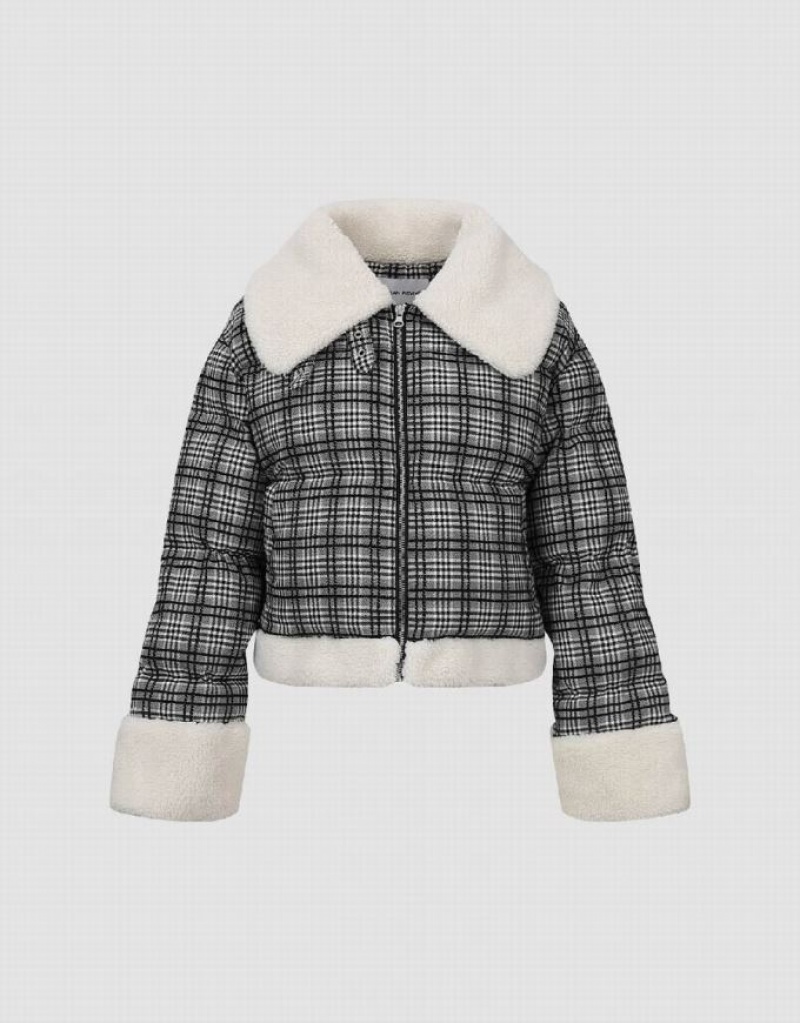 Urban Revivo Zipper Front Plaid Furry Padded Women's Coats Grey | OBVLFQX-39