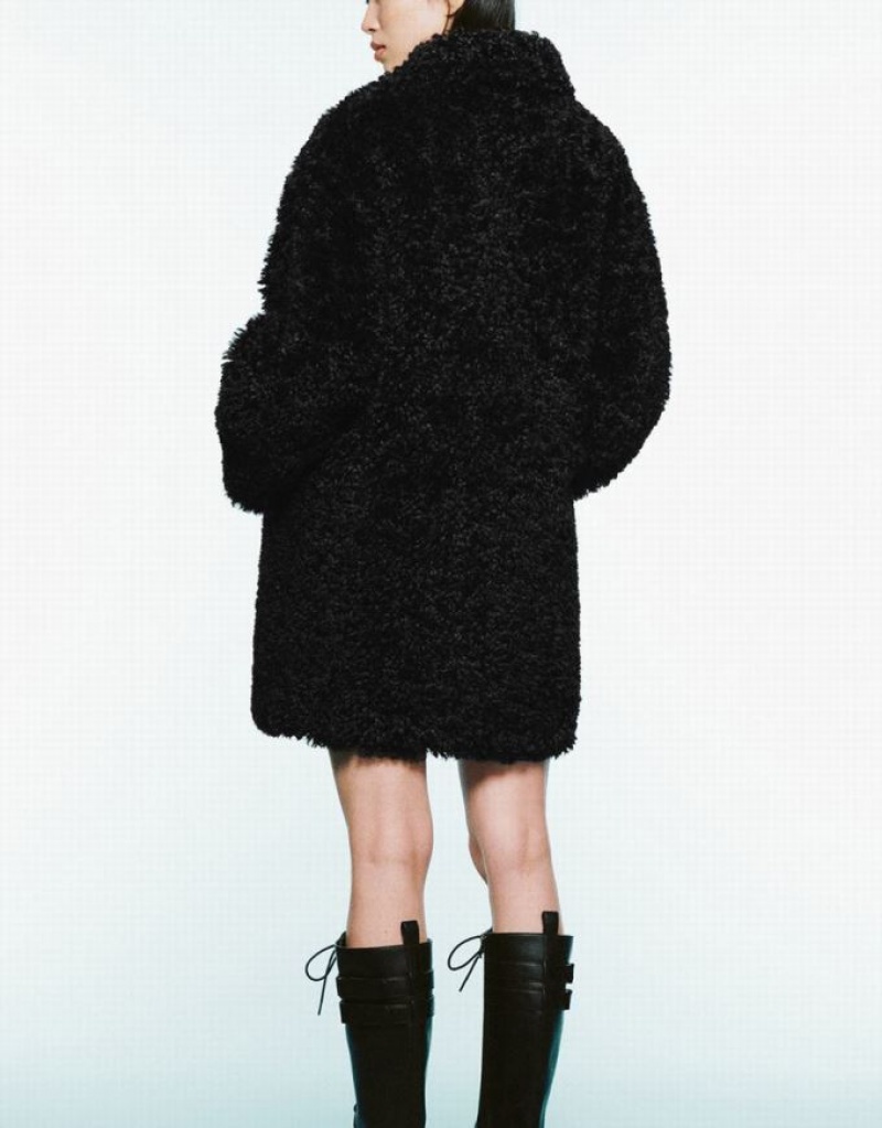 Urban Revivo Zipper Front Straight Furry Women's Coats Black | GTHIWYN-19