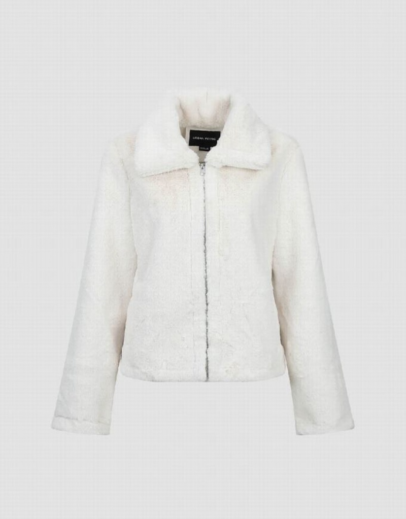 Urban Revivo Zipper Front Straight Furry Women's Coats White | TAQIHSG-39