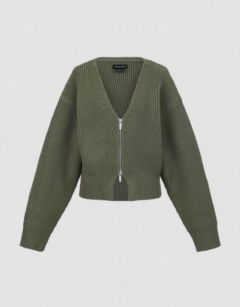 Urban Revivo Zipper Front V-Neck Knitted Women's Cardigan Green | AIBUKWZ-62