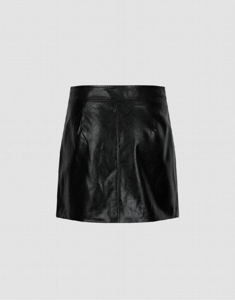 Urban Revivo Zipper Front Vegan Leather Mini A-Line Women's Skirts Black | QNUMVEI-91