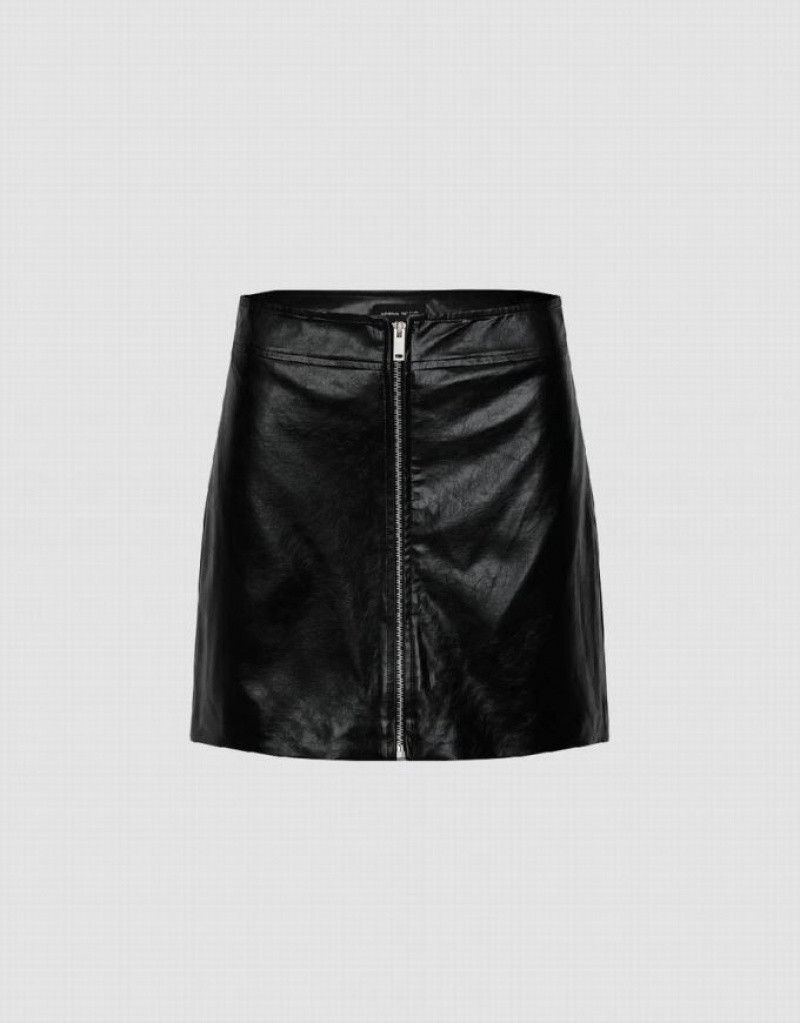 Urban Revivo Zipper Front Vegan Leather Mini A-Line Women\'s Skirts Black | QNUMVEI-91