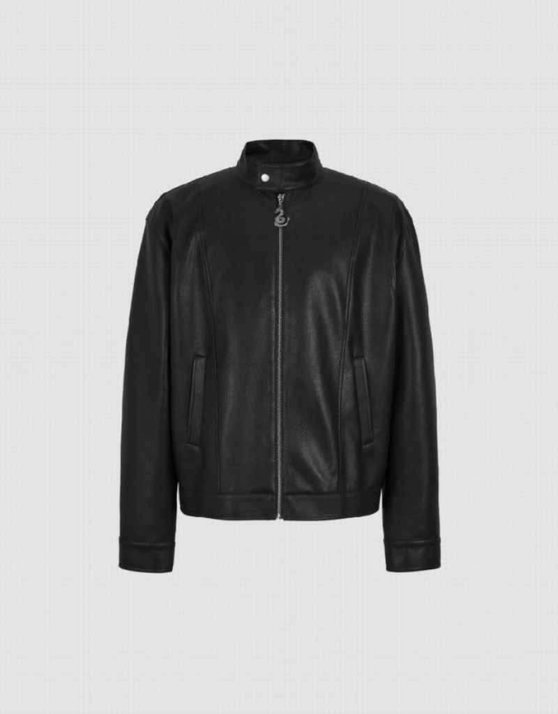 Urban Revivo Zipper Front Vegan Men's Leather Jackets Black | RWCZDVI-61