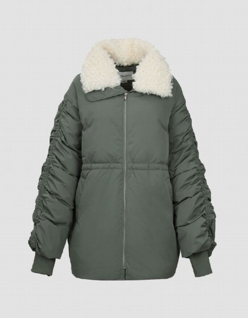 Urban Revivo Zipper Front With Furry Collar Women's Down Jackets Green | WVOEGIM-08